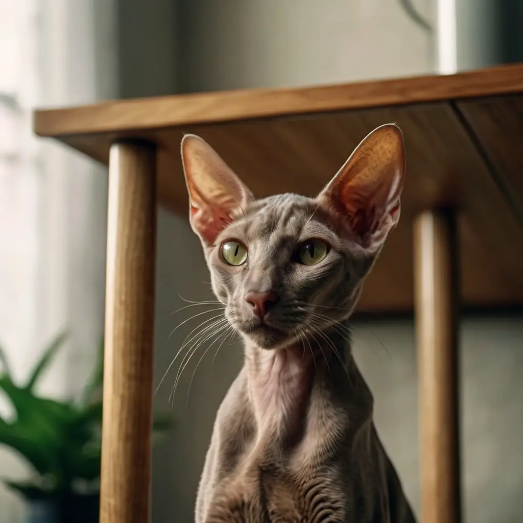 Devon Rex cat with curly coat and large ears, one of the most popular cat breeds, perched playfully on a sofa.