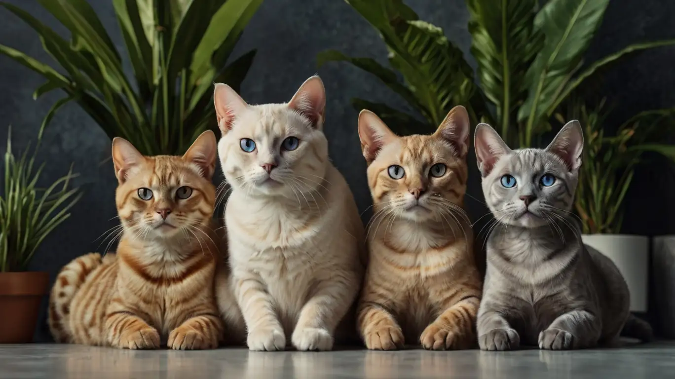 Banner showing 9 exotic cat breeds including Bengal, Sphynx, Savannah, Scottish Fold, Russian Blue, Persian, Ragdoll, Abyssinian, and Siamese cats.