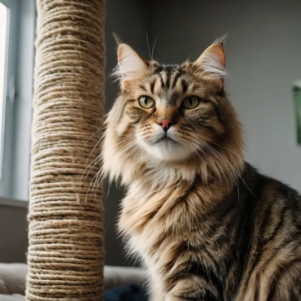 Maine Coon cat, a gentle giant and one of the most popular cat breeds, relaxing on a cat tree.