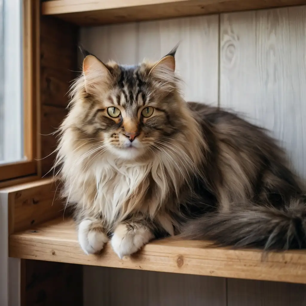 Norwegian Forest Cat, one of the most popular cat breeds, climbing on shelves in a cozy home.