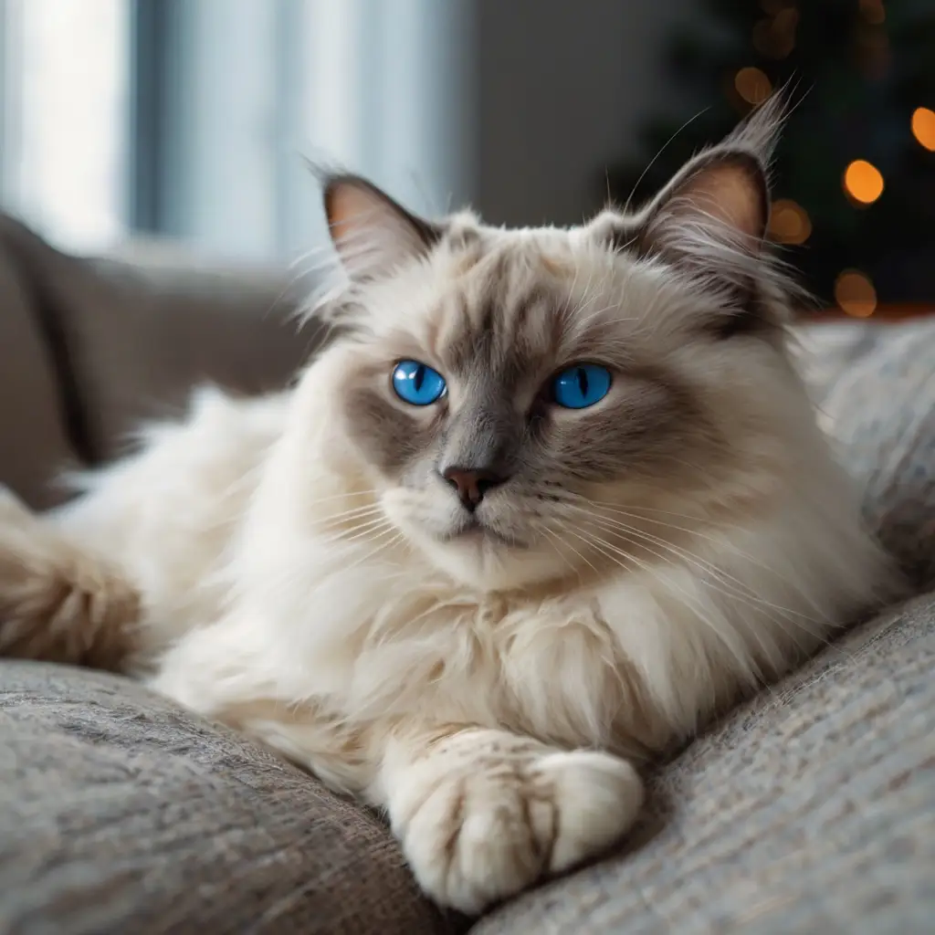 Ragdoll cat, one of the most popular cat breeds, relaxing calmly on a sofa.