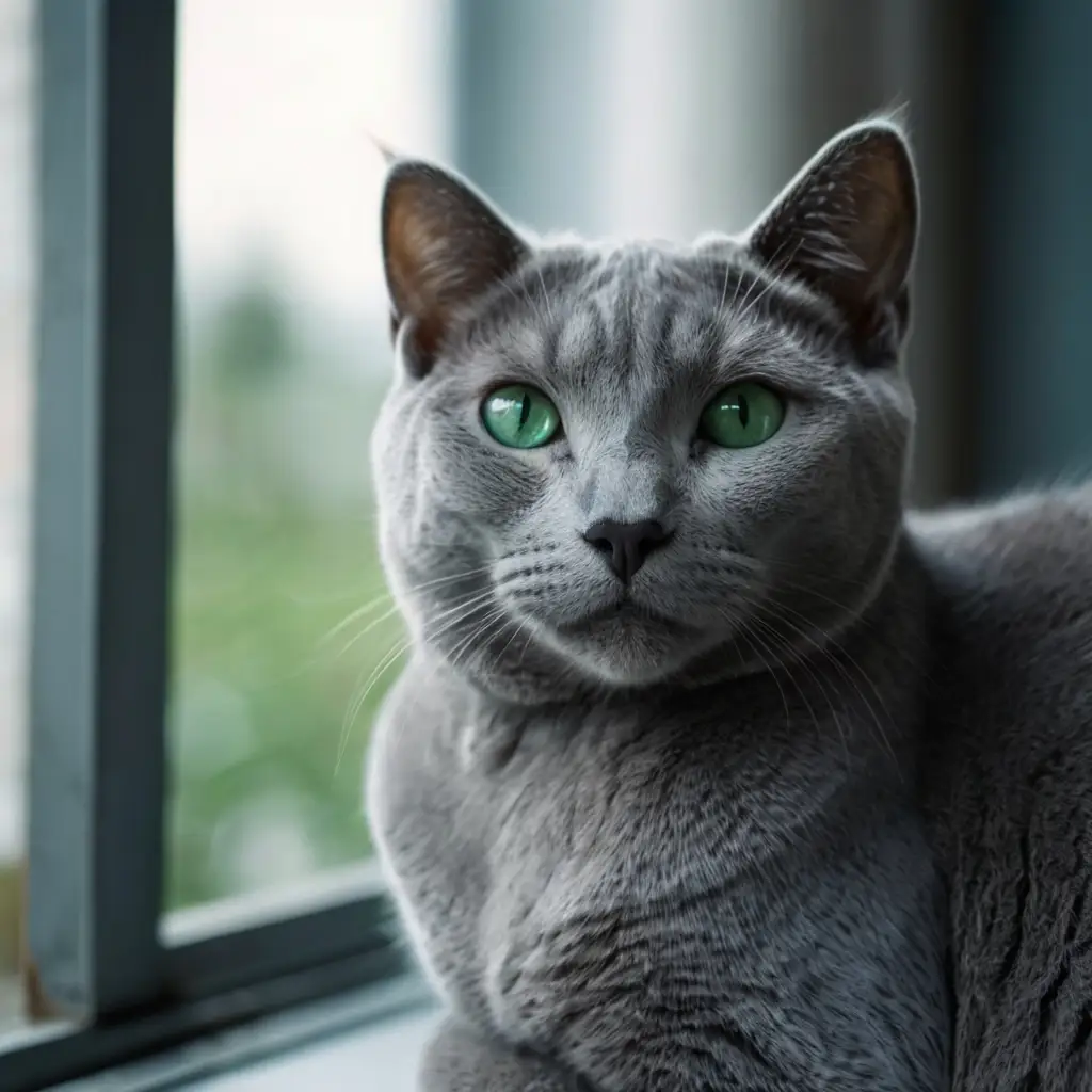 Russian Blue cat with silver-blue fur, one of the most popular cat breeds, sitting calmly by a window.