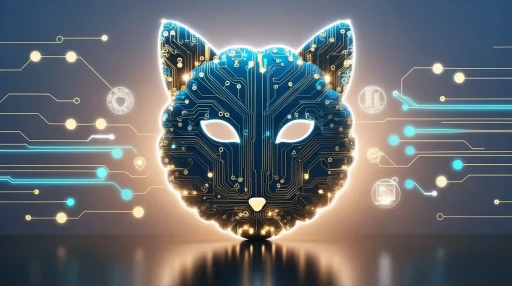 Futuristic AI brain in the shape of a cat illustrating machine learning models powering the best AI Cat Name Generator tools.