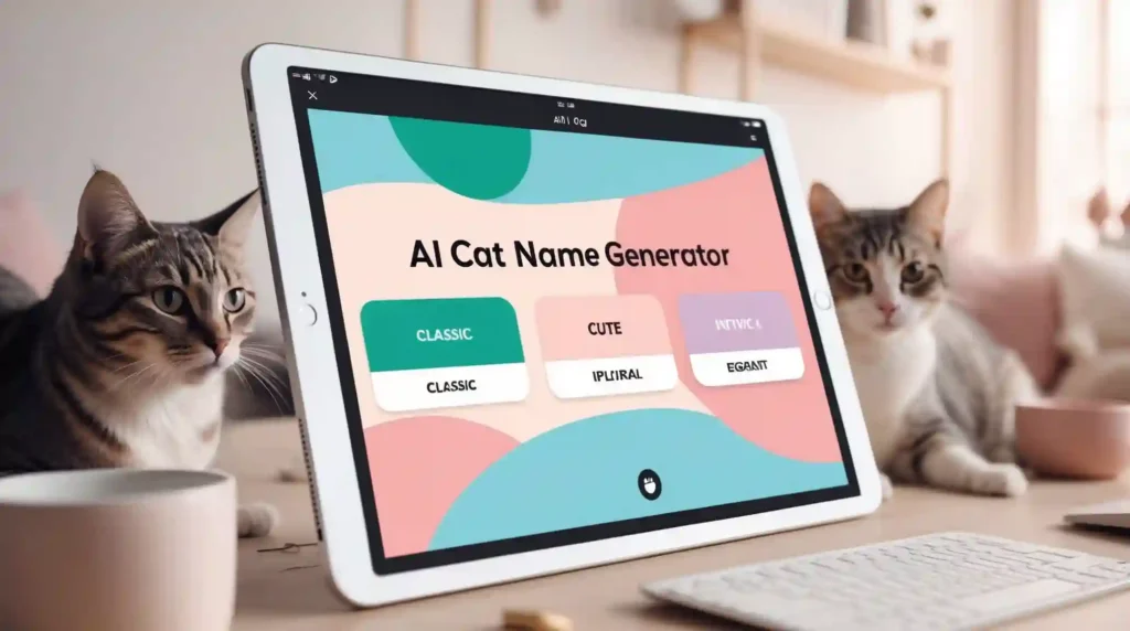 AI Cat Name Generator interface showing themed name presets like Classic, Cute, Mythical, and Elegant on a modern tablet design workspace.