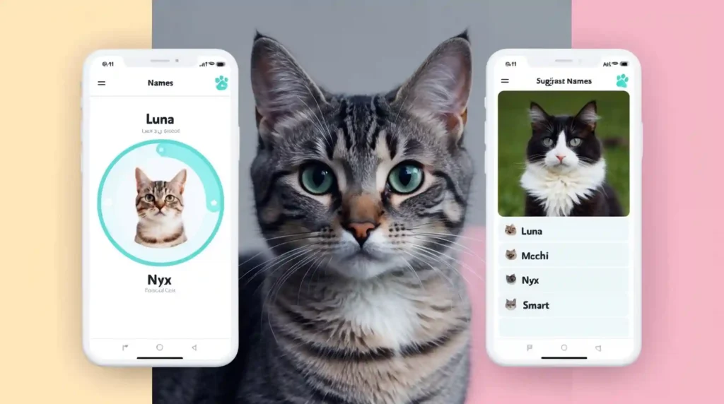 Smart AI Cat Name Generator analyzing cat photos and traits to suggest personalized name ideas like Luna, Mochi, and Nyx.