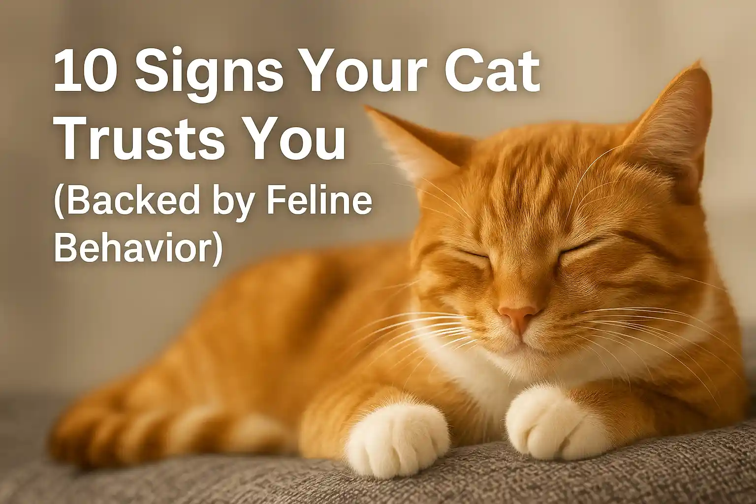 Relaxed orange cat showing trust through calm body language, used as a banner for 10 signs your cat trusts you.