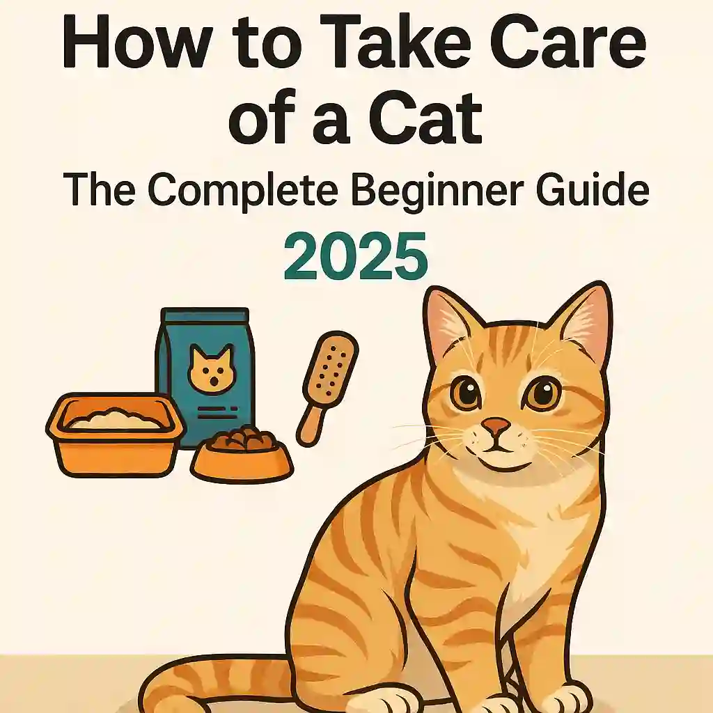 Illustrated banner showing a cat with food, litter, and grooming items for the guide How to Take Care of a Cat in 2025.