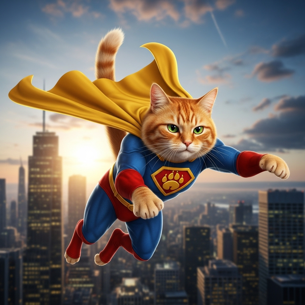 Turn your cat into an AI superhero flying over a city using free fan tools
